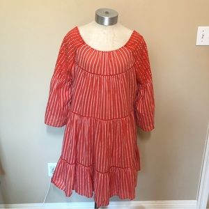 Free people Lola embroidered mini dress stripe open back tassel bell sleeve